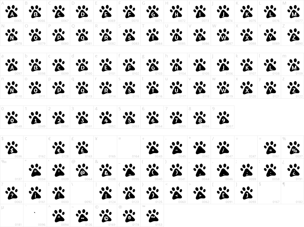 MF Paw Prints Character Map