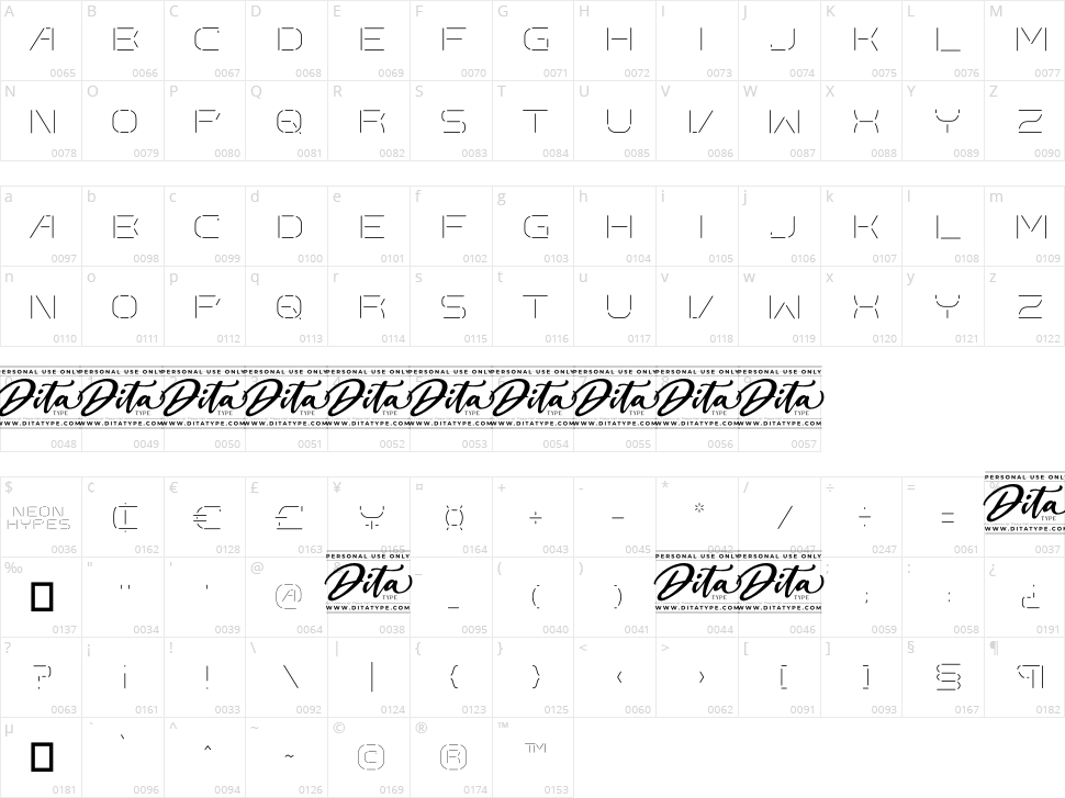 Neon Hypes Character Map