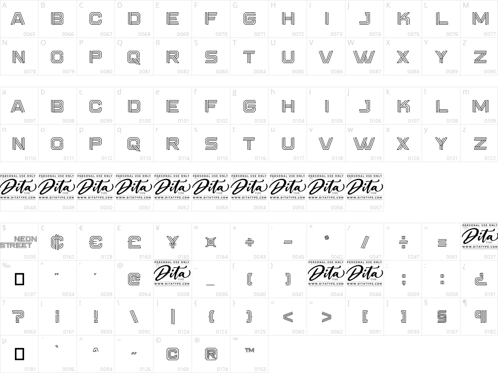 Neon Street Character Map