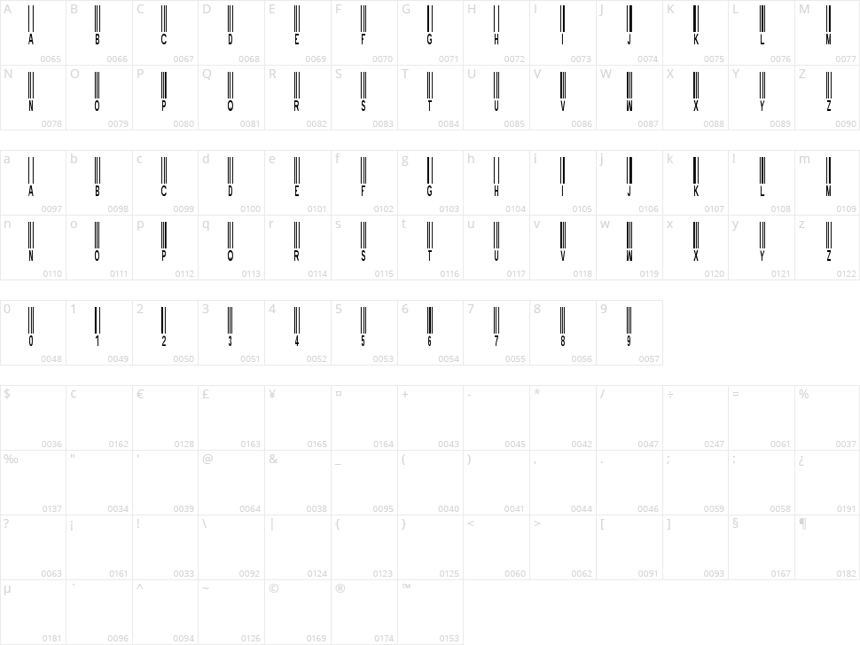 New Barcode Font TFB Character Map
