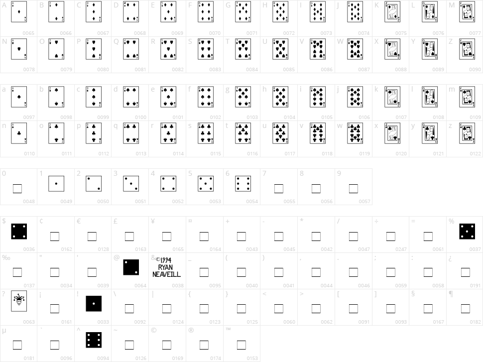 Playing Cards Character Map