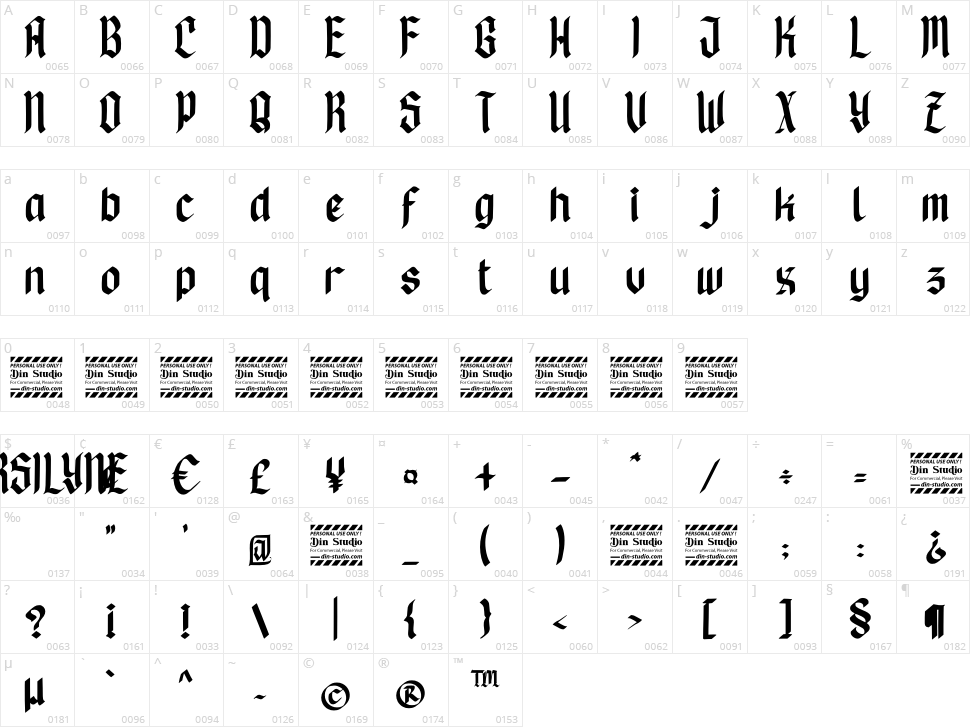 Porsilyne Character Map