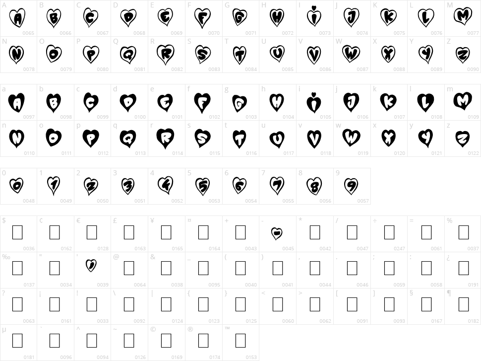 P'tit Coeur d'Amour Character Map
