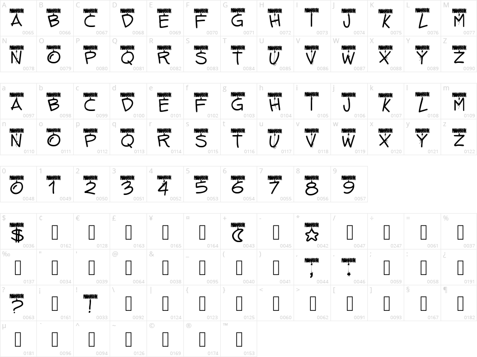 PW Tinsel Letters Character Map