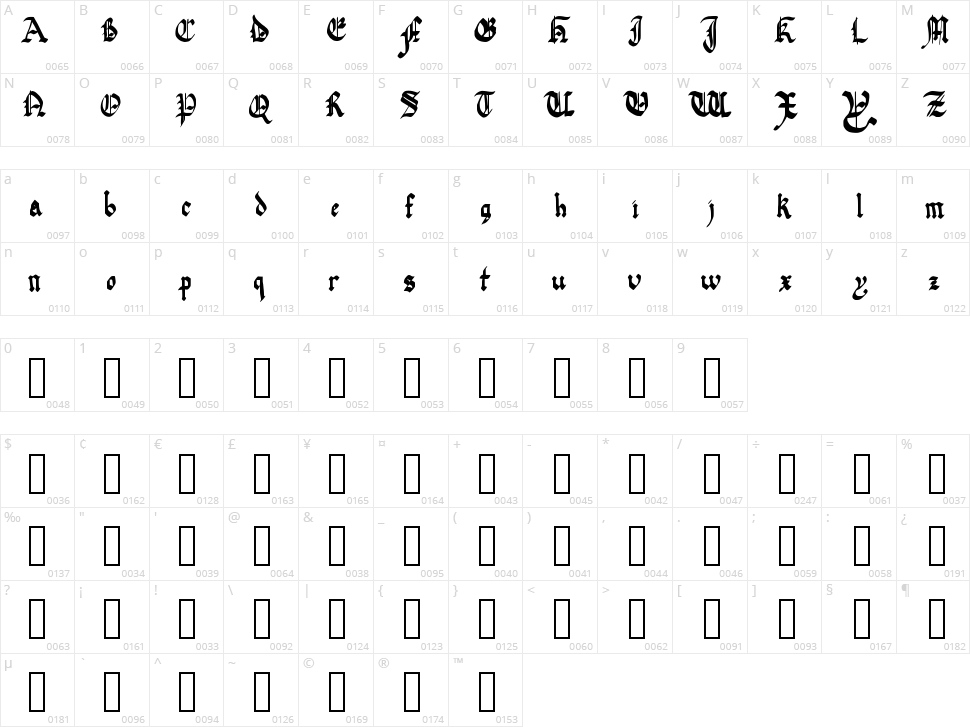 Quadrata Preciosa Character Map