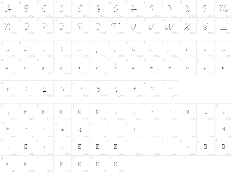 Royal Haster Line Character Map