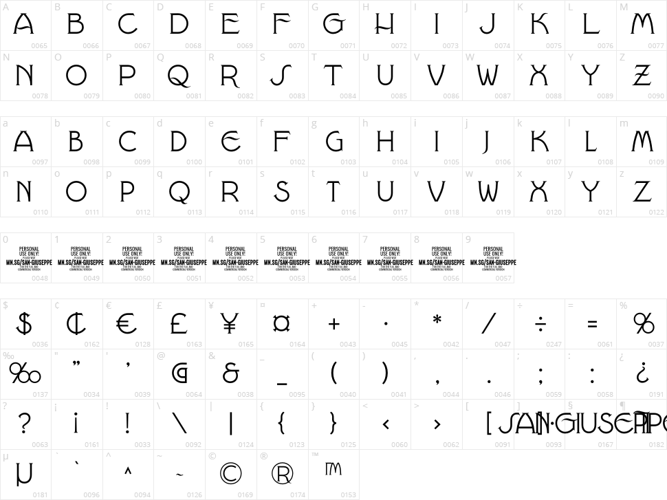 San Giuseppe Character Map