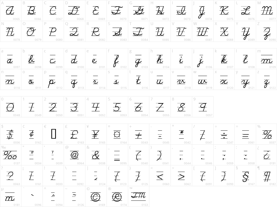 School Script Dashed Character Map