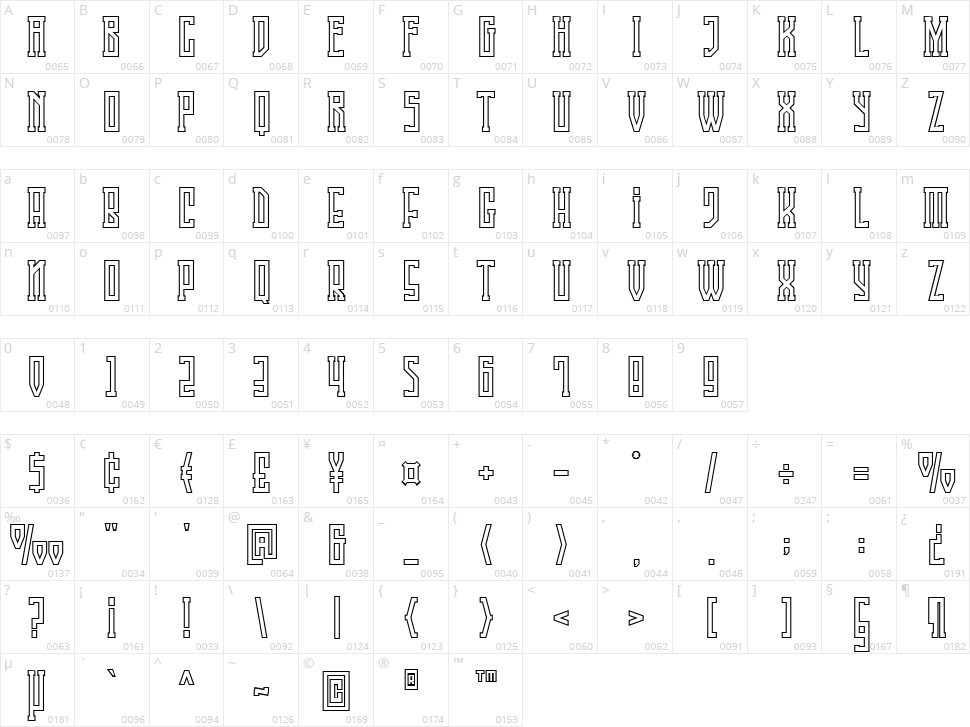 Singa Slab Character Map