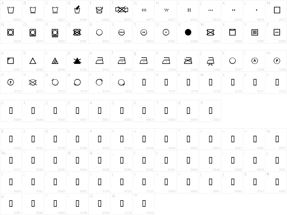 SL Wash Character Map