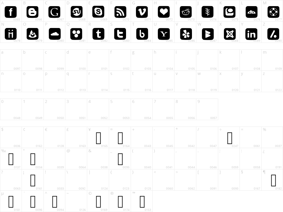 Social Font Icons Character Map