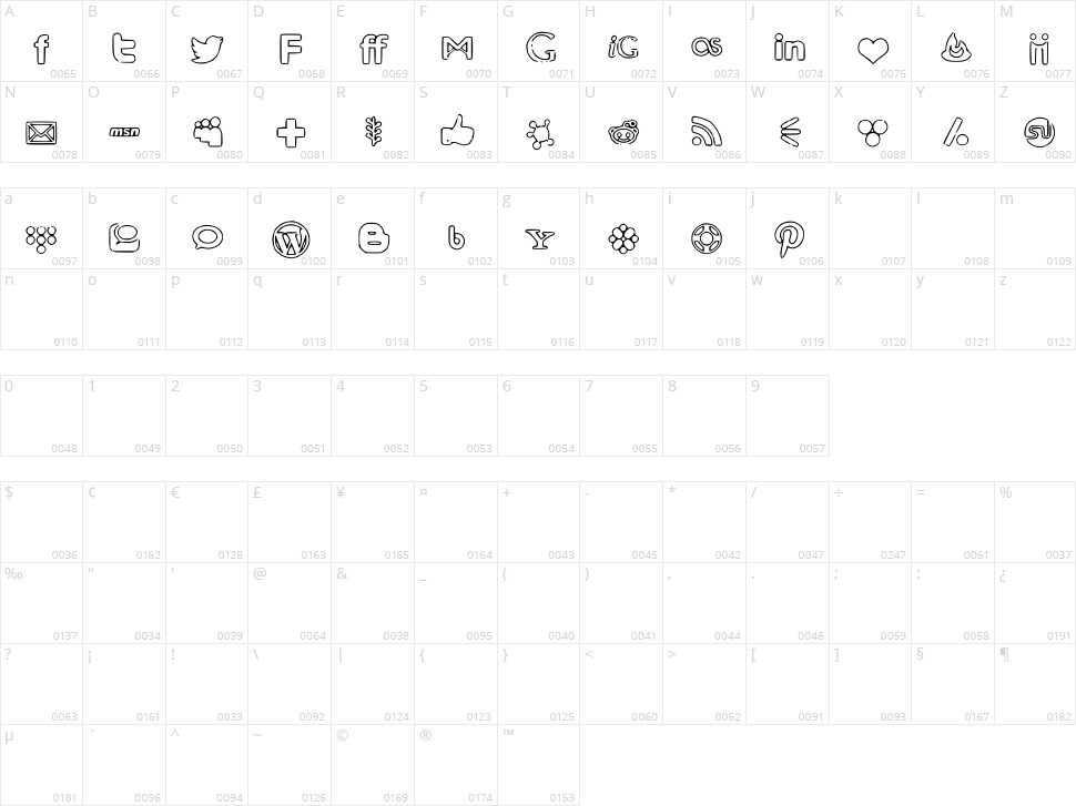 Social Media Icons Bold Character Map