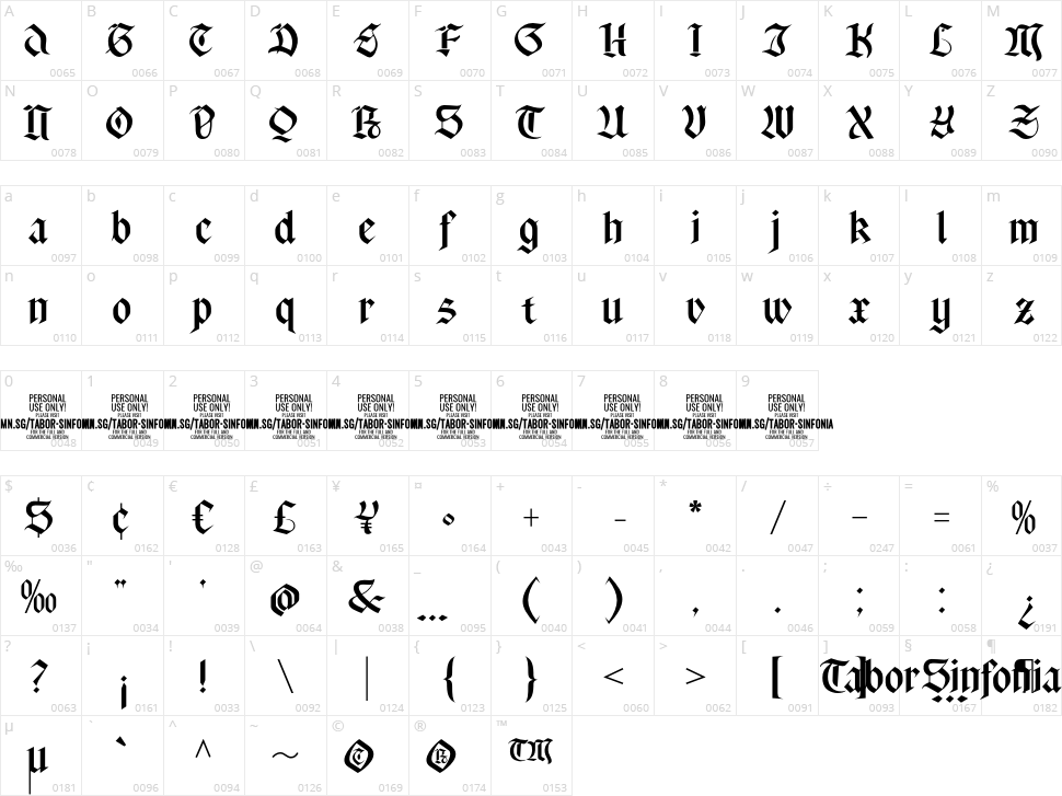 Tabor Sinfonia Character Map