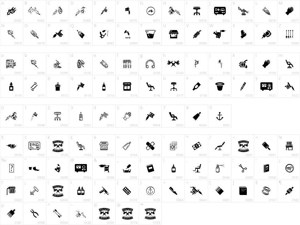 Tattoo Pro Icons Character Map