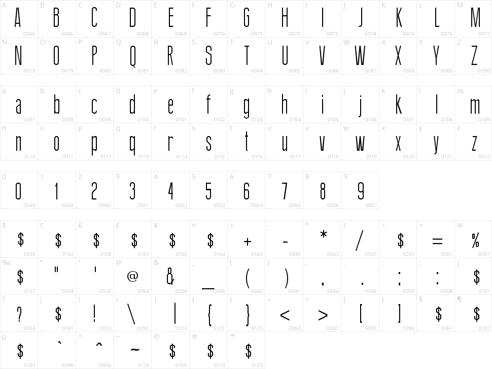 Thin Design Character Map
