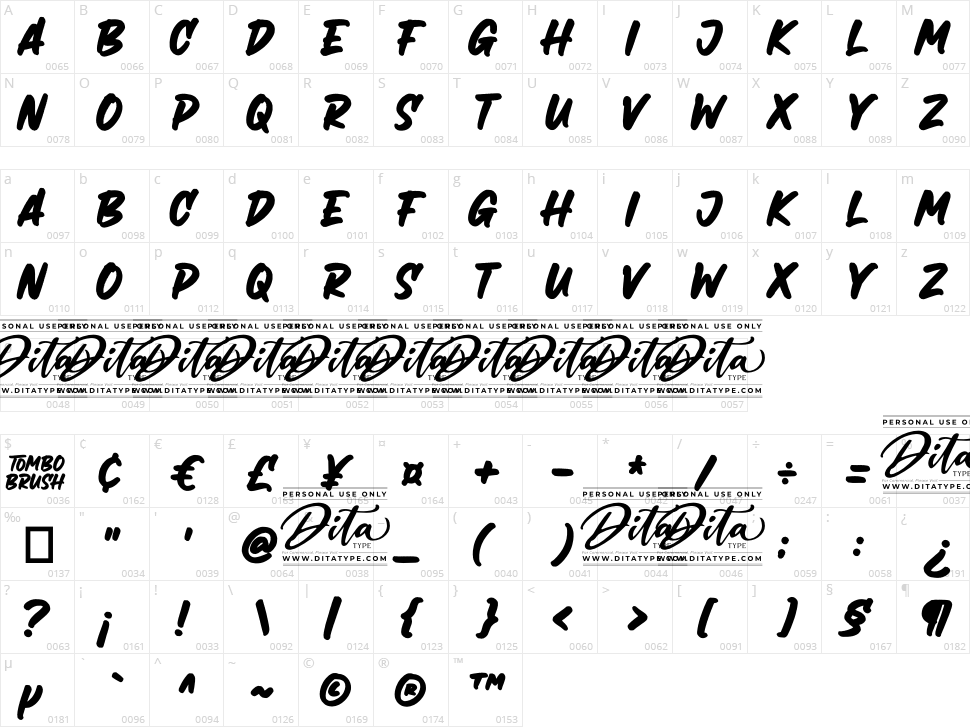 Tombo Brush Character Map