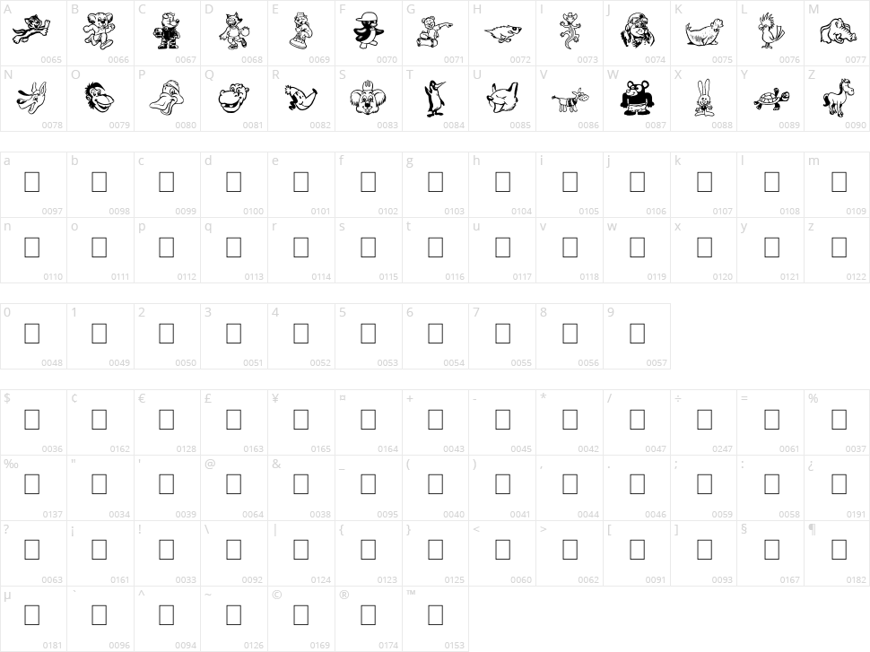 Toonimals 2 Character Map