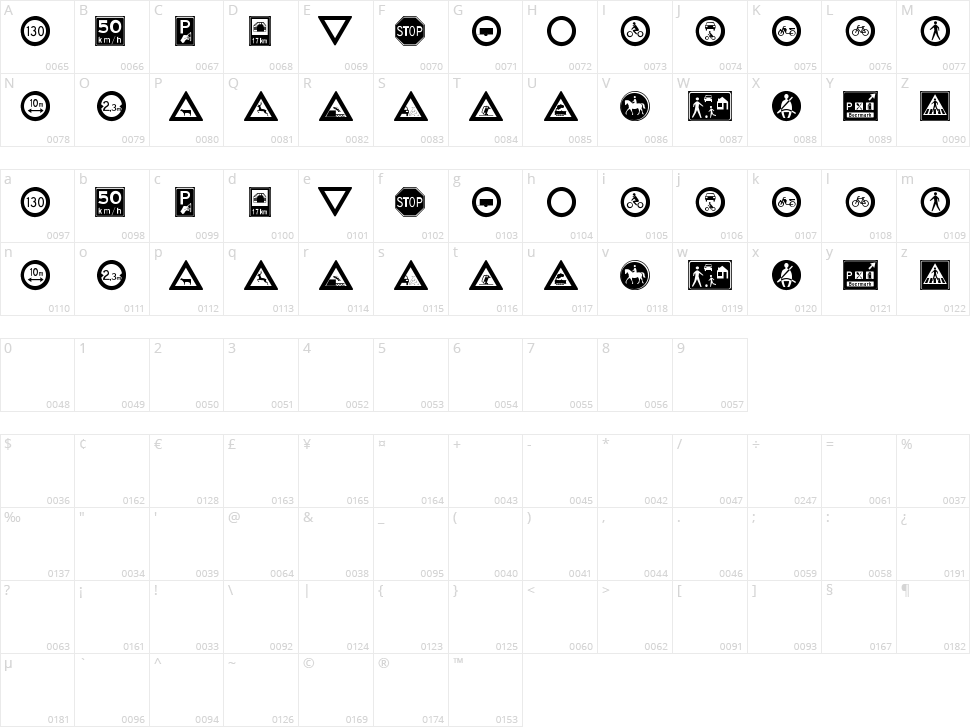 Traffic Signs TFB Character Map