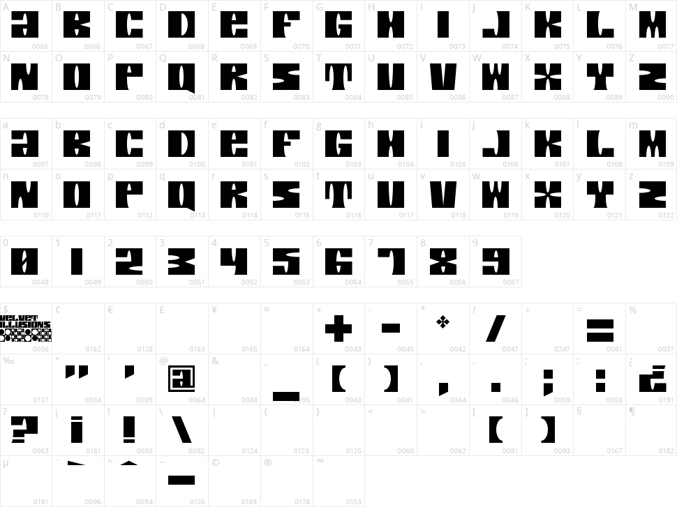 Velvet Illusions Character Map