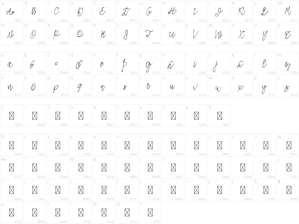 Vender Rustime Script Character Map