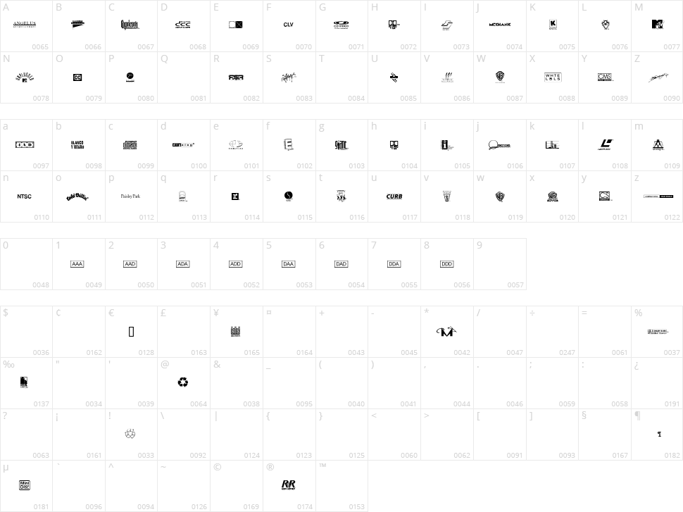 Warner Logo Font Nine Character Map