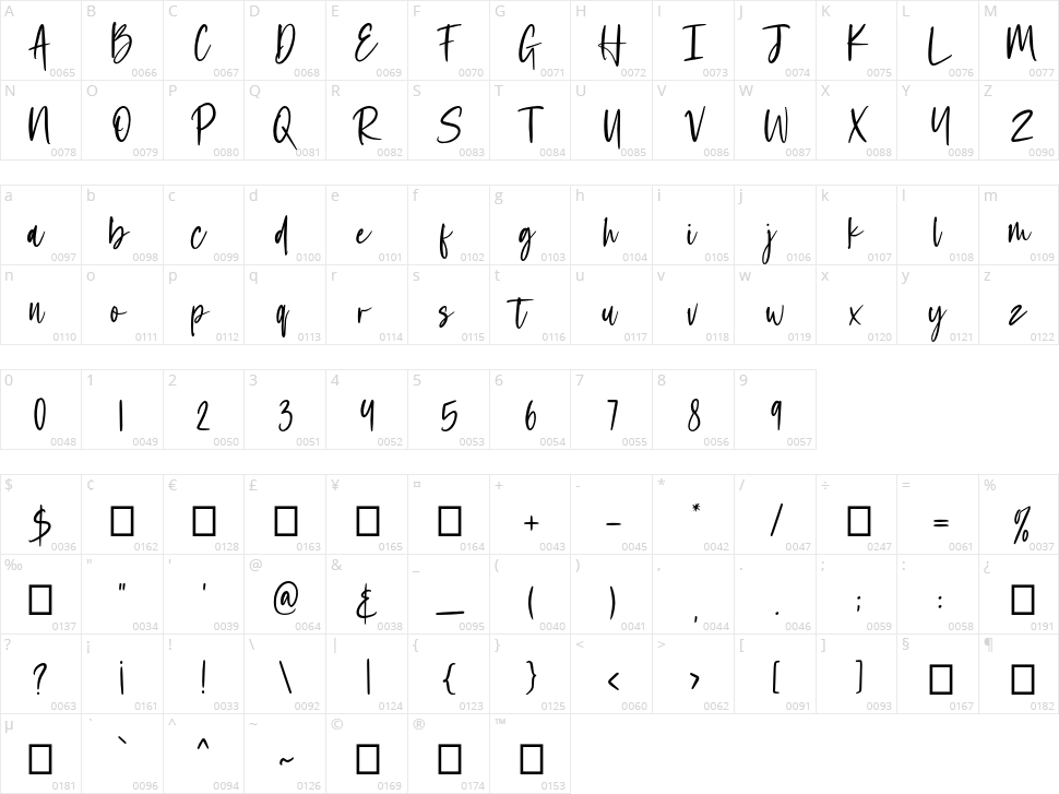 Wednesday Script Character Map