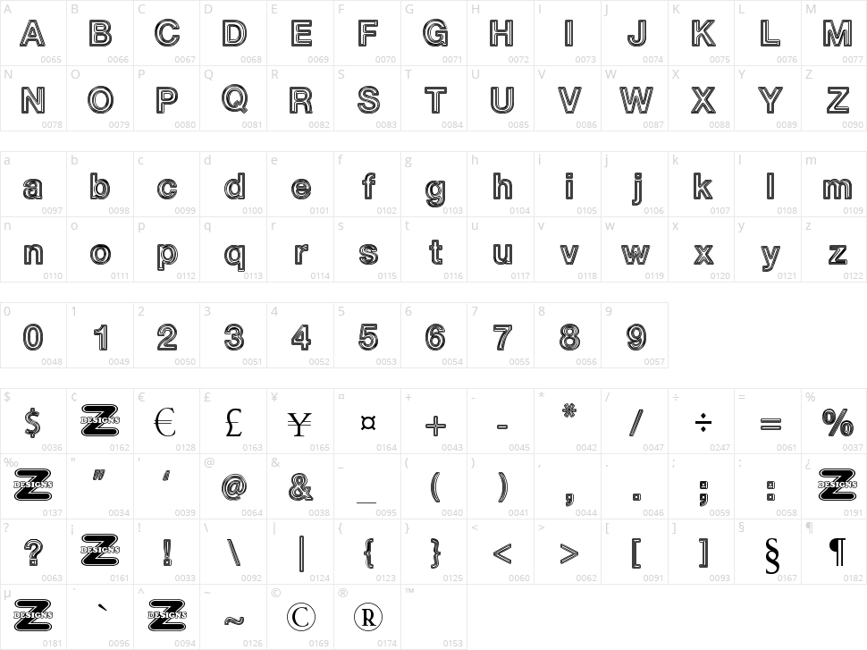 White Outlines Character Map