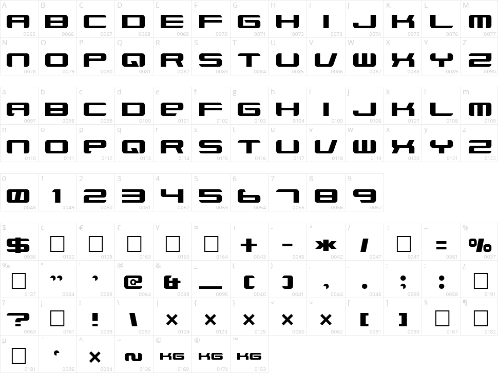 Xenotron Broadstroke Character Map
