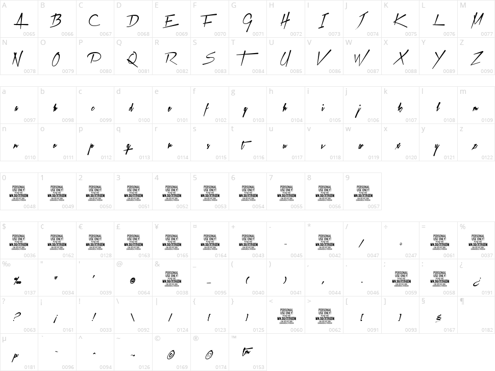 Xtreem Character Map