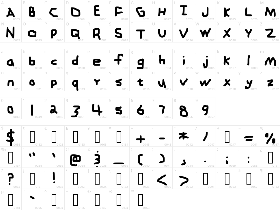 Zehk Font Character Map