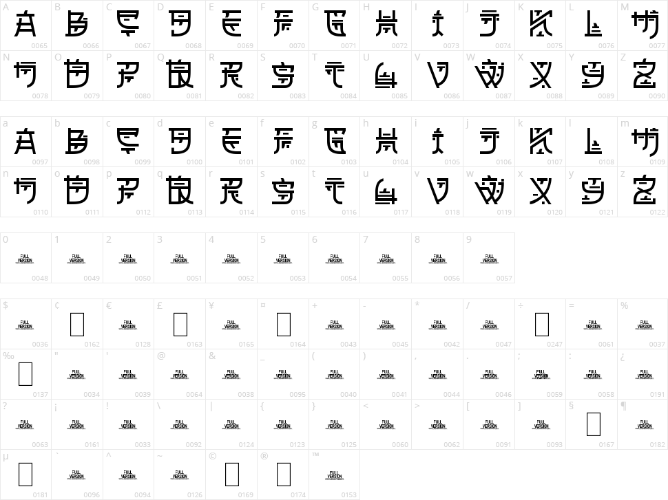 Zilap Oriental Character Map